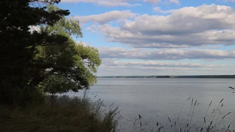 Summer, river, grass, sky and clouds Stock Footage 119873070