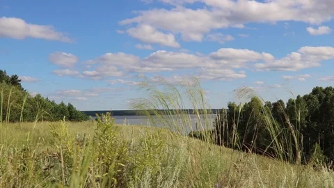 Summer, river, grass, sky and clouds Stock Footage 119873359