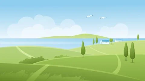 Summer river landscape vector illustration, cartoon flat panoramic natural Illustration