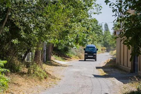 Summer road through a leafy suburban neighborhood with a van Foto stock