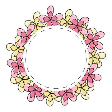 Summer round frame with with yellow and pink flowers hand drawn Stock Illustration