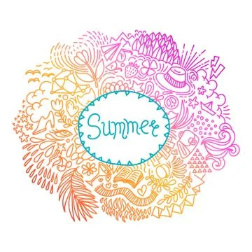 Summer. Round shape doodle frame made of abstract freehand ornament. Stock Illustration