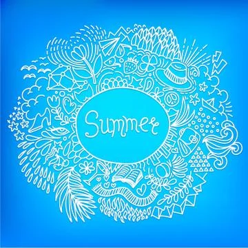 Summer. Round shape doodle frame made of abstract freehand ornament Stock Illustration