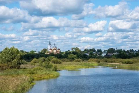 Summer rural landscape with the Lukh River in the village of Myt, Russia. Stock Photos