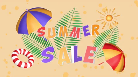 Summer Sale, animation 3D with title, tropical leaves, umbrellas and sun Stock Footage