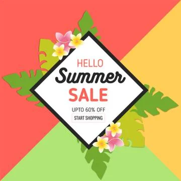 Summer Sale Background with Tropical Leaves and Flowers in realistic style Stock Illustration