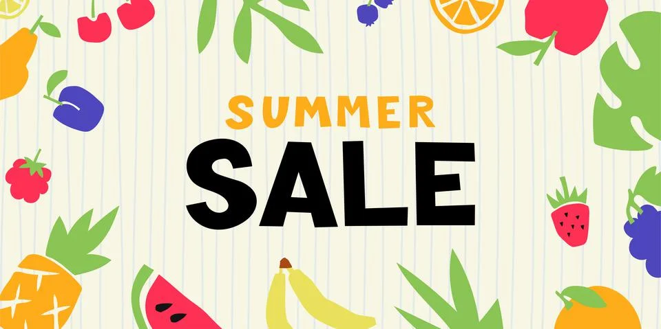 Summer sale banner. Cut out of black paper letters. Colorful cutouts fruits a Stock Illustration