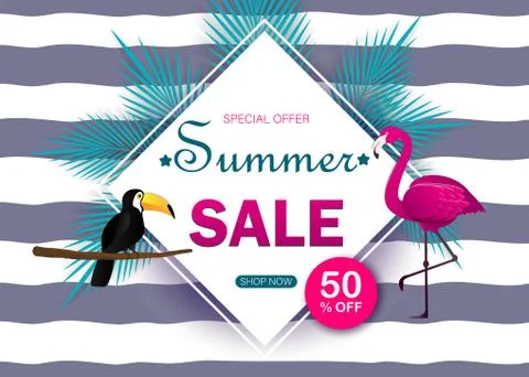 Summer sale banner modern design with flamingo, toucan and tropical leaves ba Stock Illustration