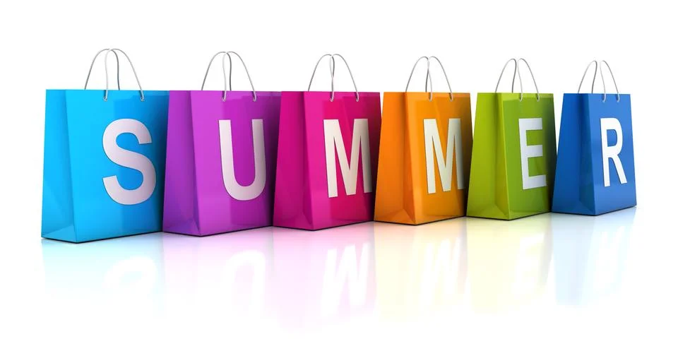 Summer sale concept with shopping bag, 3d render Stock Illustration