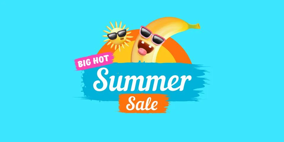 Summer sale funny horizontal banner with cartoon sun and funky banana character Stock Illustration
