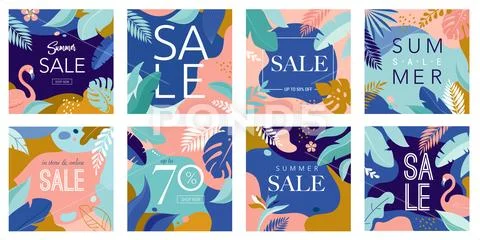 Summer Sale poster with tropic leaves and flamingo, banner and background in Stock Illustration