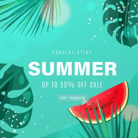Summer sale vector background with watermelon slices, palm monstera leaves Stock Illustration