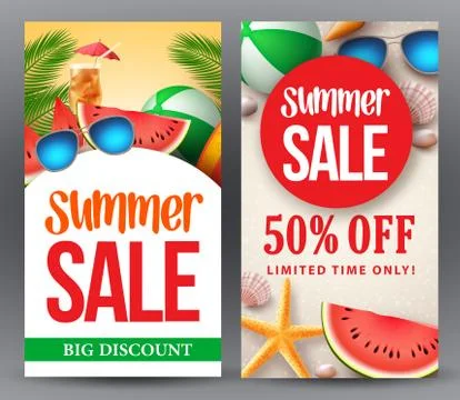 Summer sale vector banner set designs with 50% off discount Stock Illustration