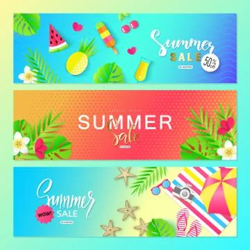 Summer sale. Vector set horizontal banners with summer elements. Backgrounds  Stock Illustration