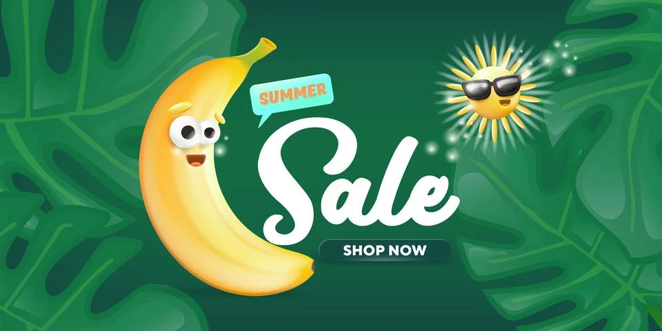 Summer sale vector web header template. Curved cute banana character next to Stock Illustration