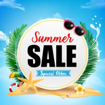 Summer sale on white circle frame with Starfish flower palm leaf sand with co 스톡 일러스트
