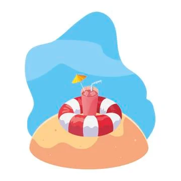 Summer sand beach with float and icons Stock Illustration