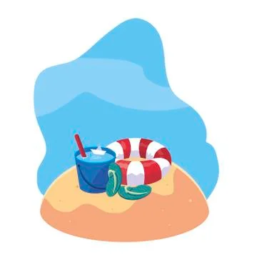 Summer sand beach with float and icons Stock Illustration