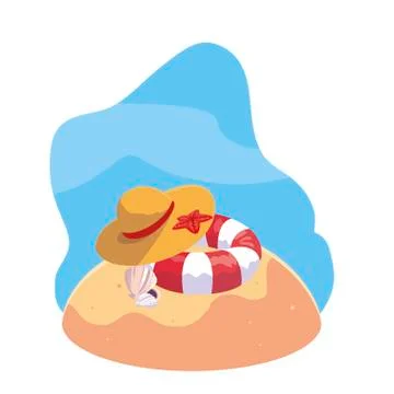 Summer sand beach with float and icons Illustrazione stock
