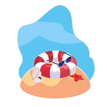 Summer sand beach with float and icons Stock Illustration