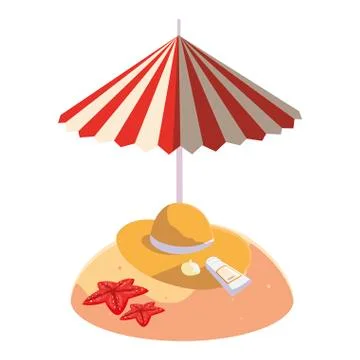 Summer sand beach with umbrella and straw hat Stock Illustration