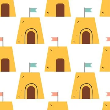 Summer sand castle pattern. Flat seamless pattern. Simple sand castle. Cartoon イラスト素材