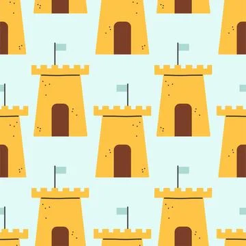 Summer sand castle pattern. Flat seamless pattern. Simple sand castle. Cartoon イラスト素材