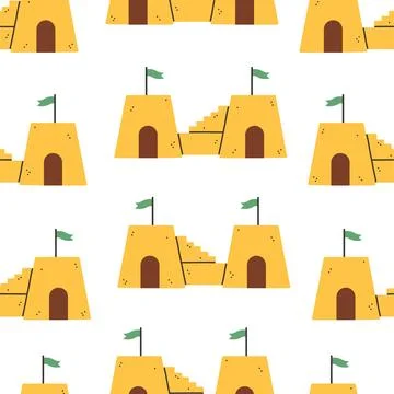 Summer sand castle pattern. Flat seamless pattern. Simple sand castle. Cartoon Illustrazione stock