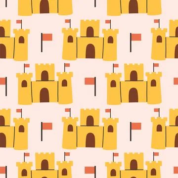 Summer sand castle pattern. Flat seamless pattern. Simple sand castle. Cartoon イラスト素材