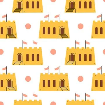 Summer sand castle pattern. Flat seamless pattern. Simple sand castle. Cartoon イラスト素材