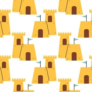 Summer sand castle pattern. Flat seamless pattern. Simple sand castle. Cartoon イラスト素材