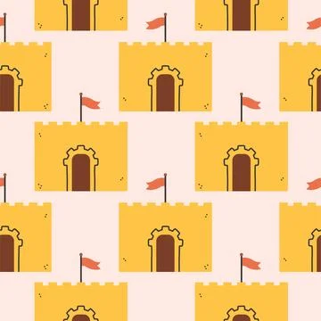 Summer sand castle pattern. Flat seamless pattern. Simple sand castle. Cartoon Stock Illustration