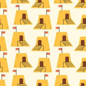 Summer sand castle pattern. Flat seamless pattern. Simple sand castle. Cartoon Stock Illustration