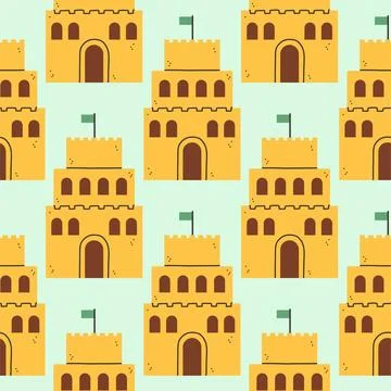 Summer sand castle pattern. Flat seamless pattern. Simple sand castle. Cartoon Stock Illustration