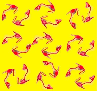 Summer Sandals pattern on yellow background top view, flat lay, fashion Stock Photos