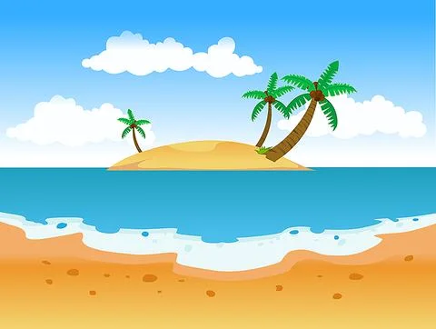 Summer sandy beach with palm trees and bright blue sky Stock Illustration