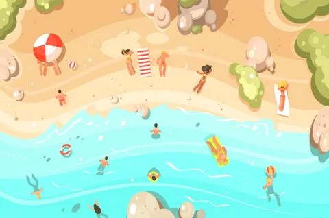 Summer sandy beach with vacationers Stock Illustration