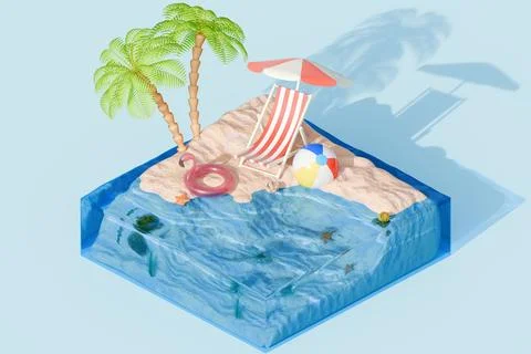 Summer scene with beach elements. 3d rendering Stock Illustration