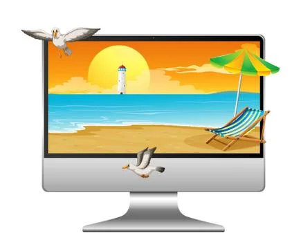Summer scene on computer desktop Illustrazione stock