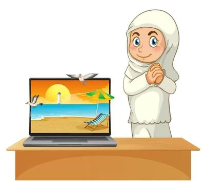 Summer scene on computer desktop Illustrazione stock