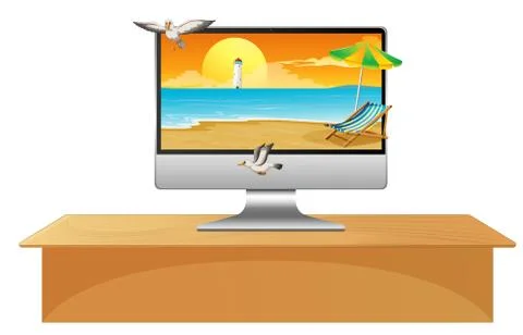 Summer scene on computer desktop 스톡 일러스트