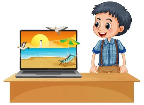 Summer scene on computer desktop Illustrazione stock