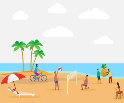 Summer scene, group of people, Vector illustration. Stock Illustration