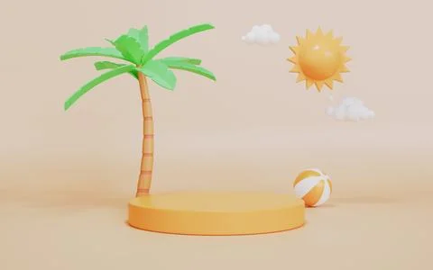 Summer scene with palm tree, Sun, clouds and podium, Tropical vacation Stock Illustration