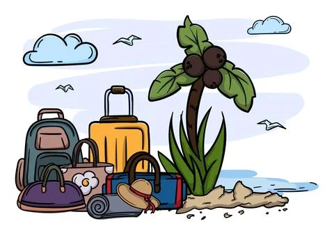 Summer. Sea, beach, palm tree, suitcases and bags Stock Illustration