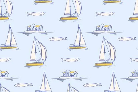 Summer sea coast pattern with yachts, island and sardines. Italy and Amalfi Stock Illustration