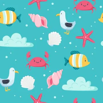 Summer sea pattern. Cute fish, seagull, crab, seashells. Hand drawn flat cartoon Illustrazione stock