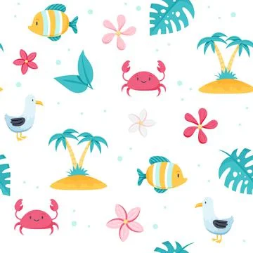 Summer sea pattern. Cute fish, seagull, crab, palm trees. Hand drawn flat Stock Illustration