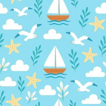 Summer sea pattern. Fabric textile print template. A ship on the waves, seaweed. Illustrazione stock