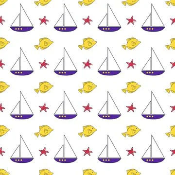 Summer sea pattern with ships, fish and starfish on a white background Stock Illustration